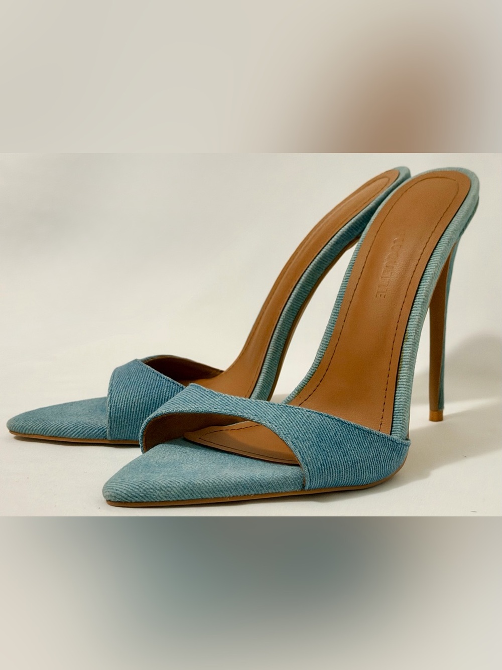 Cult of Coquette Gia Denim Mule Sandals Blue Stiletto Heels Size 8 Y2K Vegan